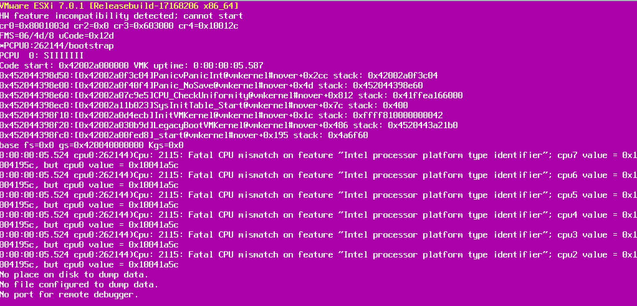 VMware ESXi Purple Screen of Death - Fatal CPU Mismatch